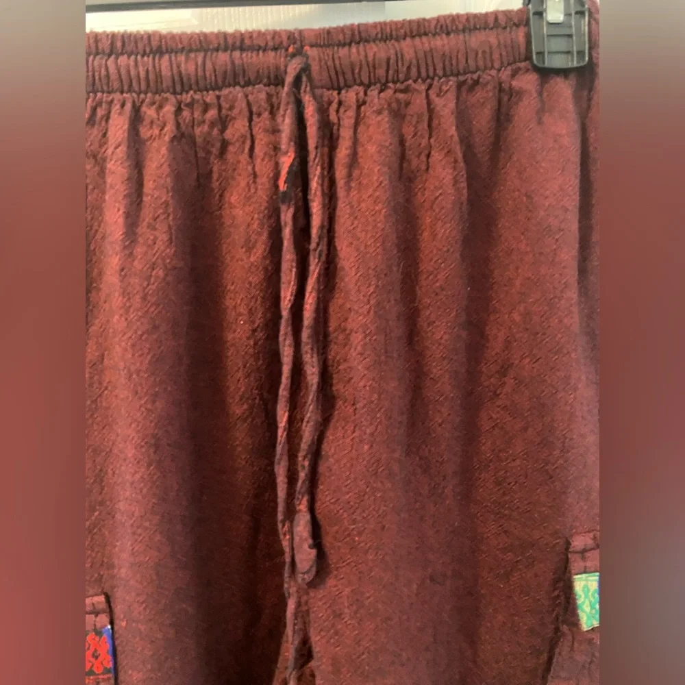 Unisex | Burgundy Embroidered Contrast Trim | Tibetan Cargo Pants | Shmedium - Picture 6 of 7